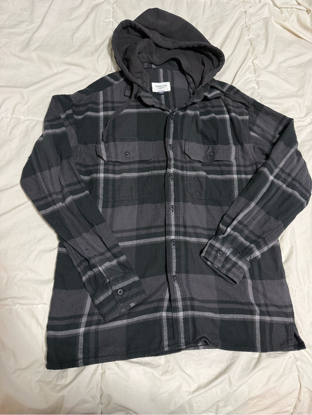 American Eagle Outfitters Black & Gray Plaid Hooded Shirt Jacket